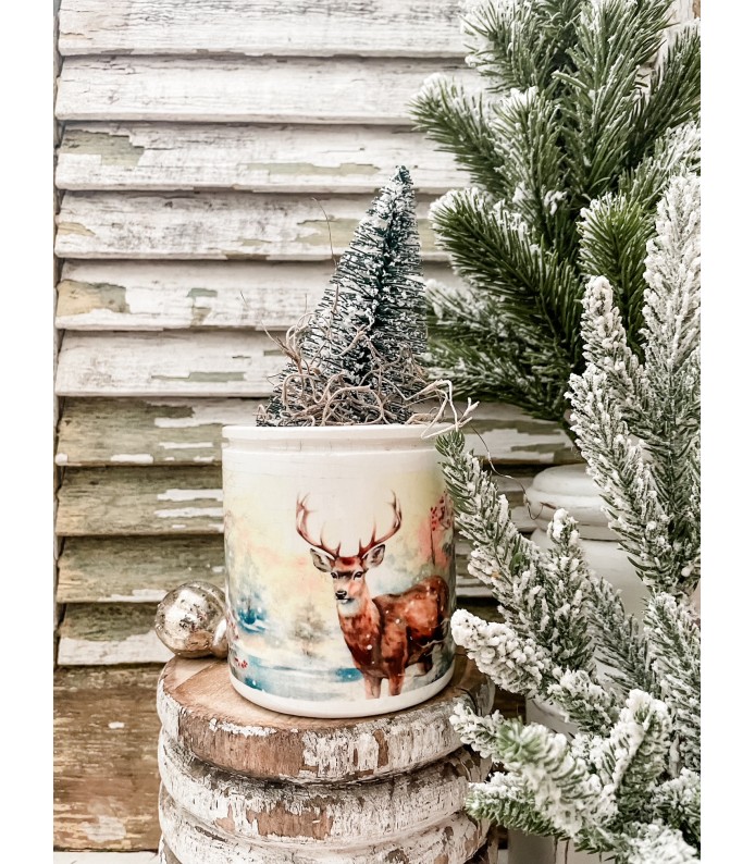 Antique Ironstone 1lb Chubby Crock w/Deer transfer - Holiday 